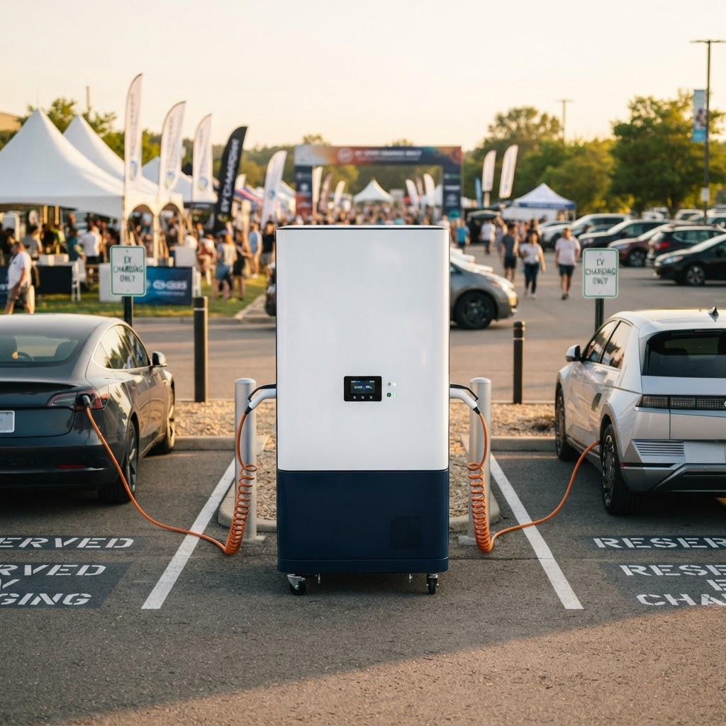 Capital EV servicing a large event parking area with mobile charging units
