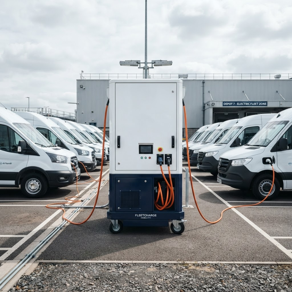 A fleet of electric vehicles charging at a depot from a Capital EV mobile energy unit