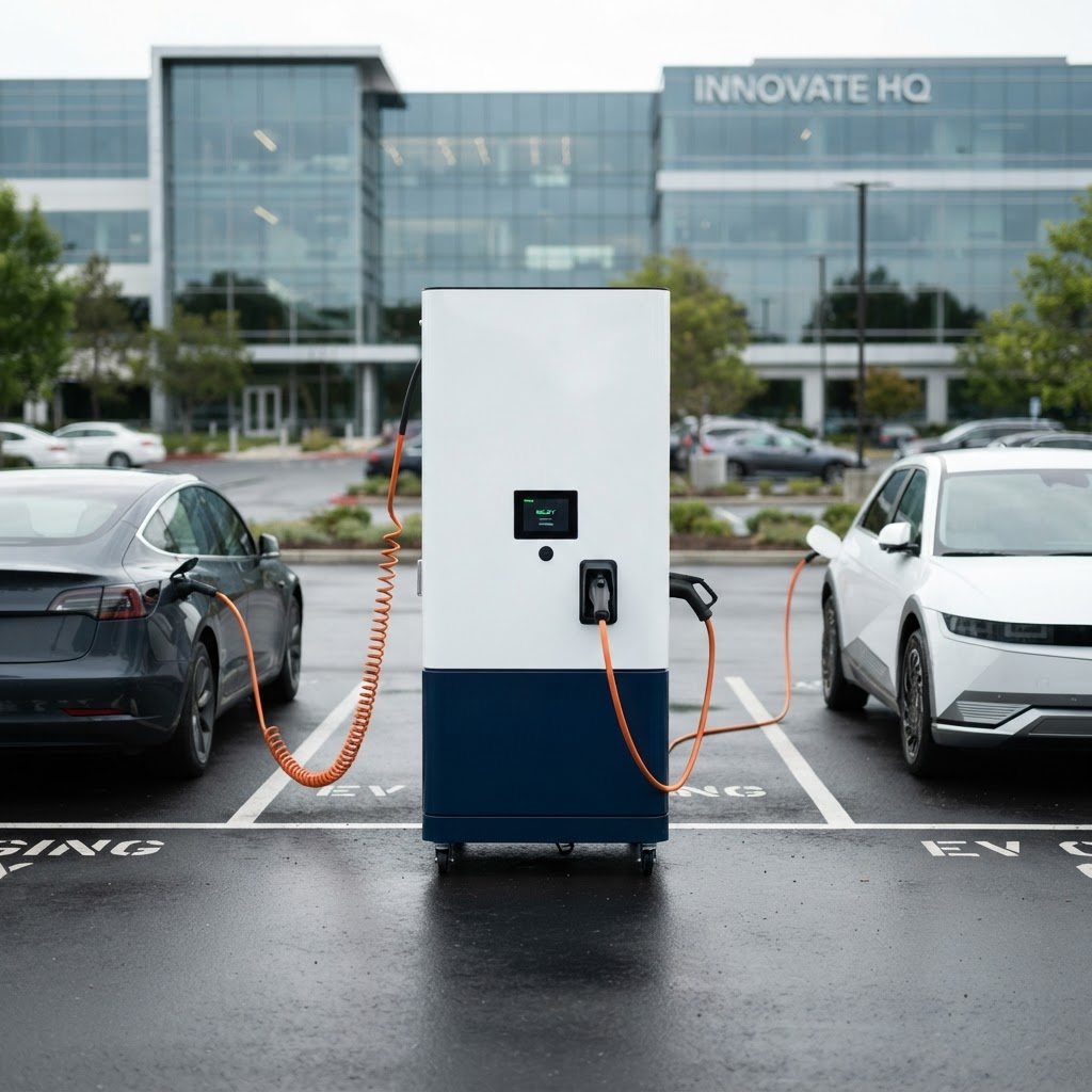 Multiple electric vehicles parked at an office facility connected to a Capital EV mobile charging unit